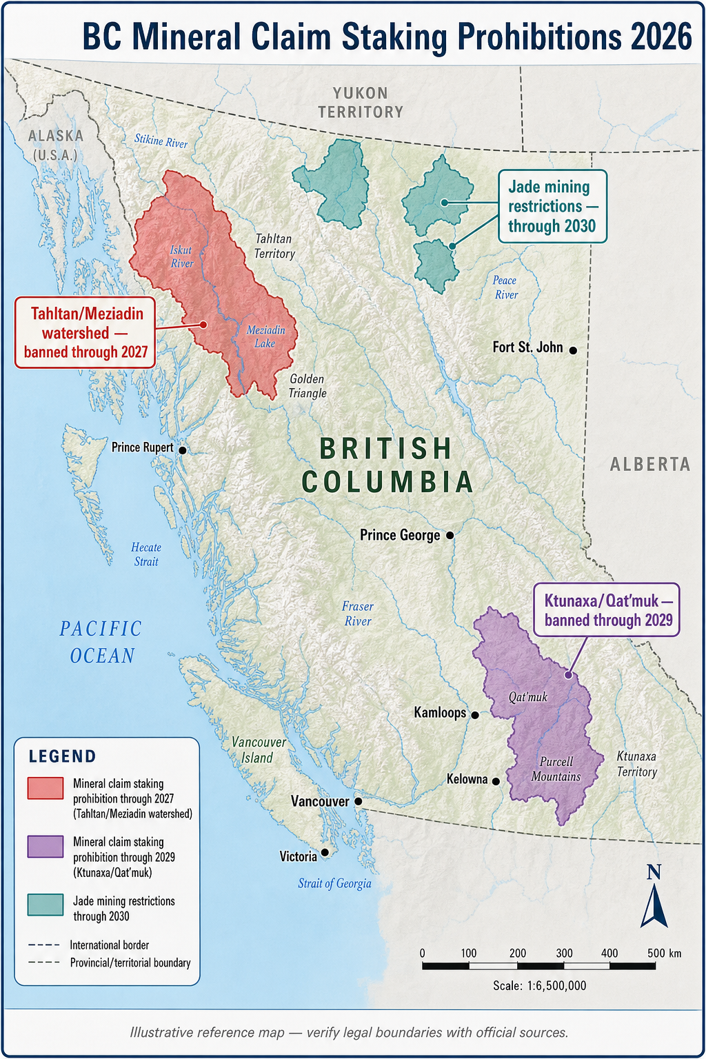 Map showing current mineral claim staking prohibitions across British Columbia